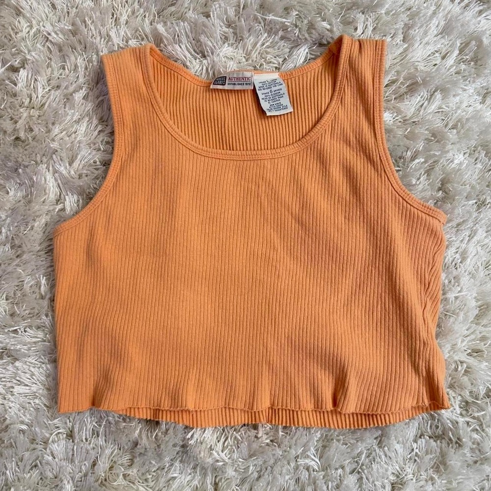 90s Y2K Faded Glory Orange Ribbed Cotton DIY Raw Hem Cropped Tank Top Womens L